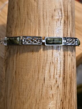 Sterling Silver Celtic Link & Connemara Marble Ireland Signed Bracelet